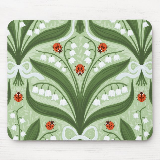 Alfombrilla De Ratón Lirio de los valles y mariquitas simetría en verde (Frente)