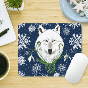 Alfombrilla De Ratón Lobo Ártico Blanco Místico Invierno Snowdrop Azul
