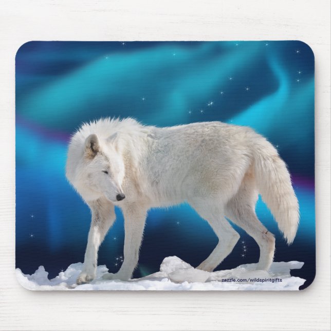 Alfombrilla De Ratón Lobo Ártico y Luces del Norte II Fantasía Mousepad (Frente)