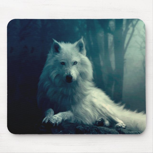 Alfombrilla De Ratón Lobo blanco en el bosque nocturno (Frente)