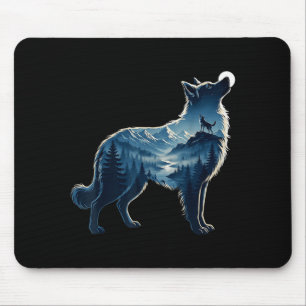 Alfombrilla De Ratón Lobo bosque de montaña iluminado por la luna arte 