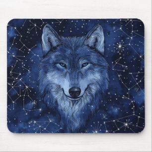 Alfombrilla De Ratón Lobo Cósmico Azul Cielo Estrellado