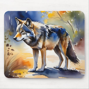Alfombrilla De Ratón Lobo en una pintura de acuarela del bosque