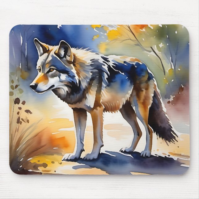 Alfombrilla De Ratón Lobo en una pintura de acuarela del bosque (Frente)