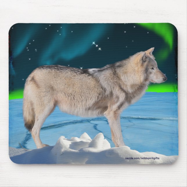 Alfombrilla De Ratón Lobo gris y luces boreales Fantasía Mousepad (Frente)