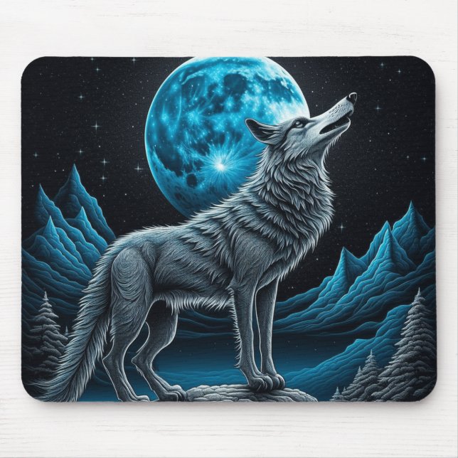Alfombrilla De Ratón Lobo parado frente a la luna llena | Arte de IA (Frente)