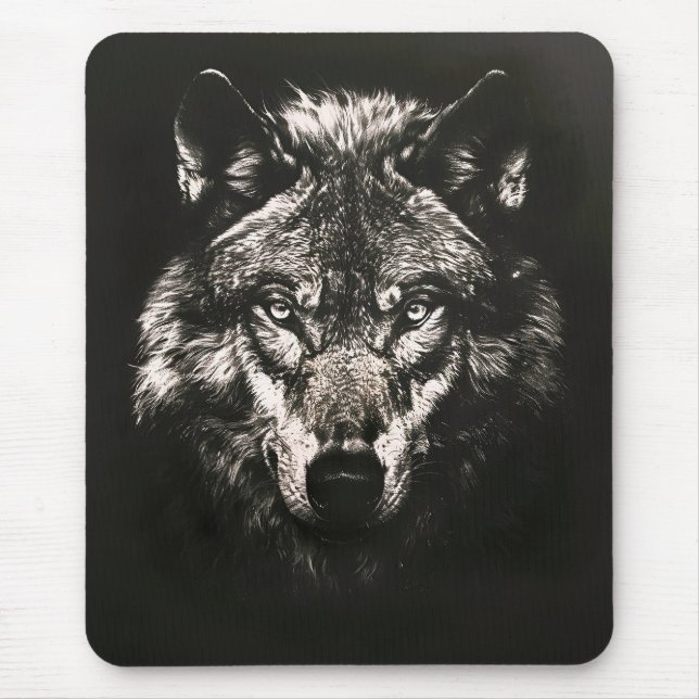 Alfombrilla De Ratón Lobo salvaje majestuoso monocromo (Frente)