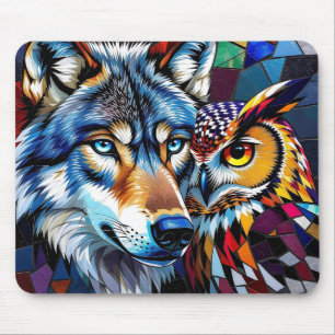 Alfombrilla De Ratón Lobo y Búho Vibrante y Colorido