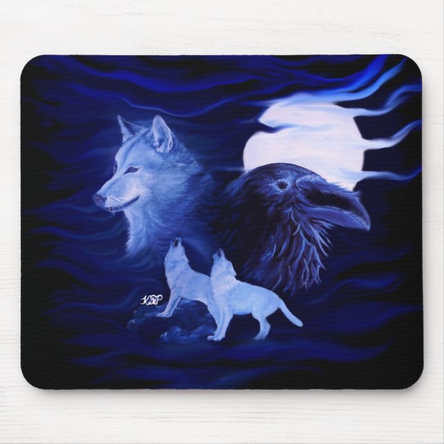 Alfombrilla De Ratón Lobos y Raven con luna llena (Frente)