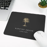 Alfombrilla De Ratón Logo de Faux Gold Palm Tree<br><div class="desc">Mousepad personalizado de moda para su negocio o oficina en casa cuenta con dos líneas de texto personalizado con letras blancas clásicas,  sobre un fondo gris carbón adornado con un ilustracion tropical de palmeras en un falso Relieve metalizado dorado.</div>