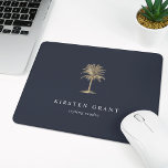 Alfombrilla De Ratón Logo de Faux Gold Palm Tree<br><div class="desc">mousepad personalizada de moda para su negocio o oficina en casa cuenta con dos líneas de texto personalizado con letras blancas clásicas,  sobre un fondo azul marino adornado con un ilustracion tropical de palmeras en un falso Relieve metalizado dorado.</div>