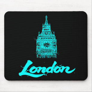 Alfombrilla De Ratón Londres Cian Neón Boceto Big Ben Moderno Negro