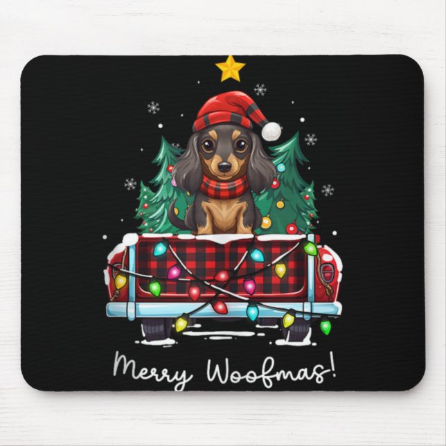 Alfombrilla De Ratón Long Haired Dachshund Christmas Dog Truck Plaid Fu (Frente)