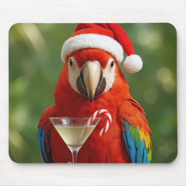 Alfombrilla De Ratón Loro de Navidad sosteniendo un cóctel (Frente)