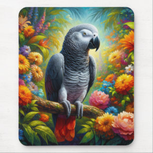 Alfombrilla De Ratón Loro gris africano con flores de colores