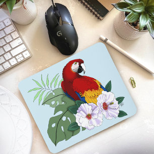Alfombrilla De Ratón Loro Guacamayo Rojo Floral Hibisco Tropical Blanco
