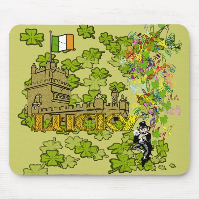 Alfombrilla De Ratón Lucky Leprechaun y su castillo irlandés (Frente)