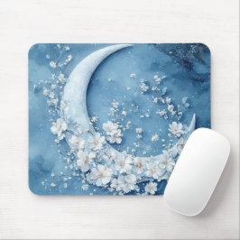 ALFOMBRILLA DE RATÓN LUNA CRECIENTE AZUL PASTEL CON FLORES BLANCAS