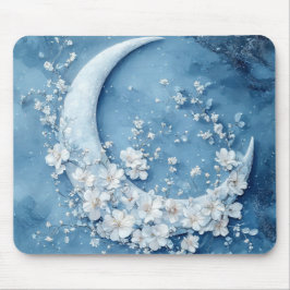 ALFOMBRILLA DE RATÓN LUNA CRECIENTE AZUL PASTEL CON FLORES BLANCAS