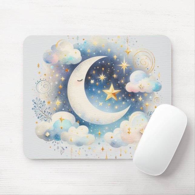 Alfombrilla De Ratón Luna Creciente Azul y Blanco Celestial Boho Modern (Con ratón)