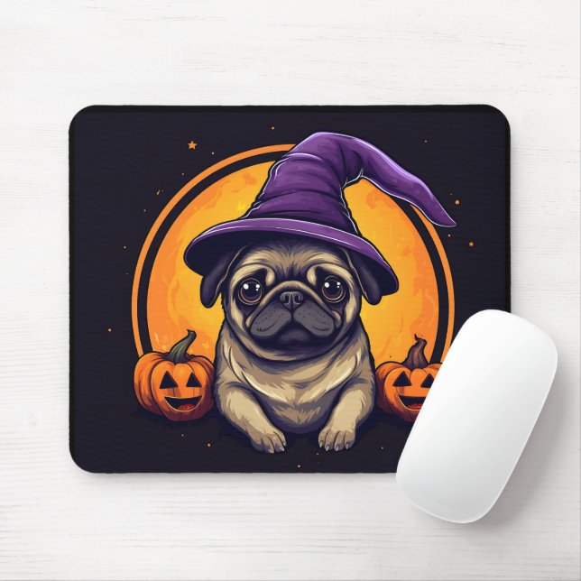 Alfombrilla De Ratón Luna de Halloween de la Bruja Pug Bumkins (Con ratón)