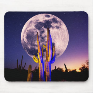 Alfombrilla De Ratón Luna Llena Sobre Cactus Saguaro