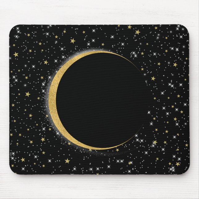 Alfombrilla De Ratón Luna mágica celestial de negro y dorado estrellas  (Frente)
