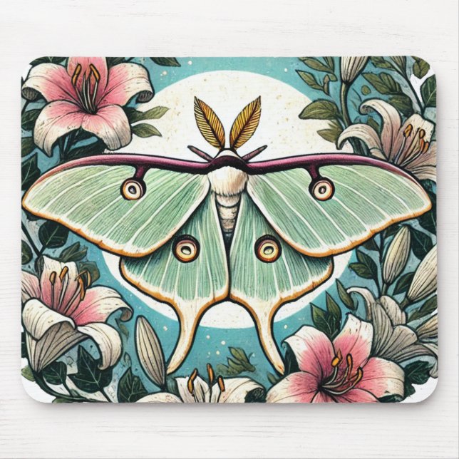 Alfombrilla De Ratón Luna Moth ilustracion lilies luna mes (Frente)
