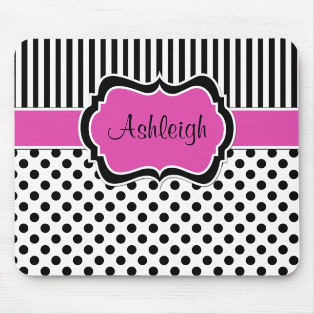 Alfombrilla De Ratón Lunares rayados blancos negros rosados Mousepad (Frente)