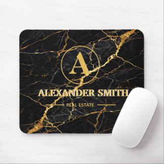 Alfombrilla De Ratón Luxury Black Marble Gold Monogram Business Brand