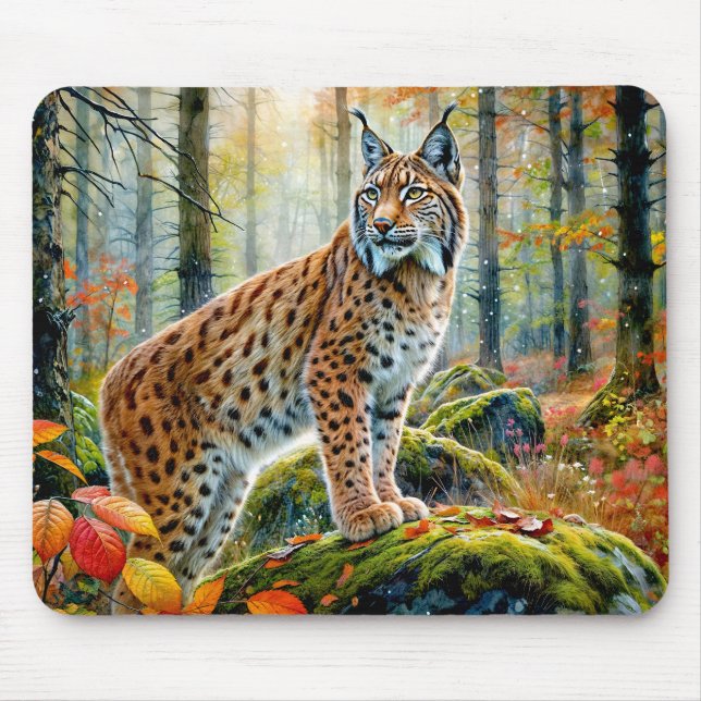Alfombrilla De Ratón  Lynx in Autumn Forest Watercolor (Frente)