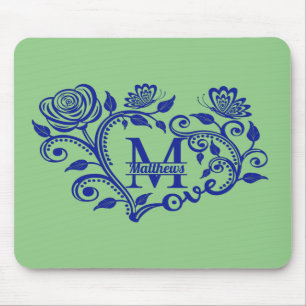 Alfombrilla De Ratón M de monograma floral azul marino personalizada