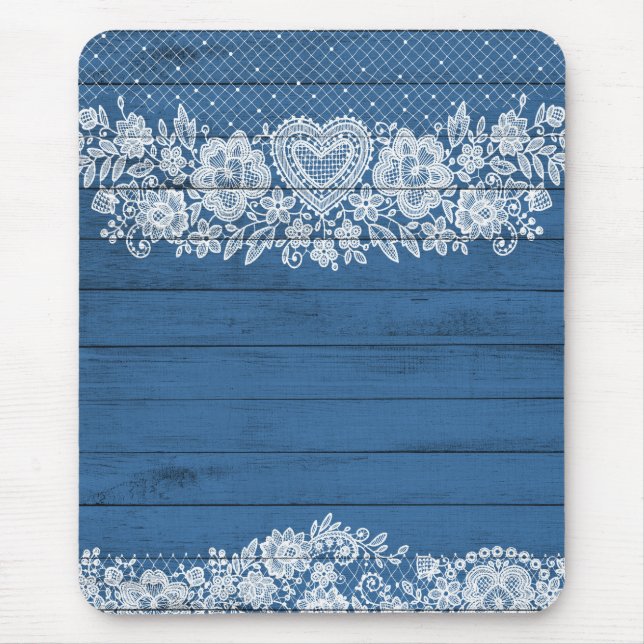 Alfombrilla De Ratón Madera rústica azul y encaje blanco rústico graner (Frente)