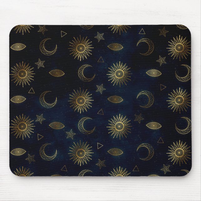 Alfombrilla De Ratón Magical Gold Moon Sun Stars Dark Blue (Frente)