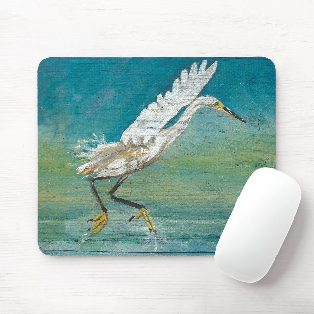 Alfombrilla De Ratón Magnífica pintura de aves costeras en la costa de  (Gorgeous Egret Shorebird On Water Art mouse pad from Jenn's Emporium. )