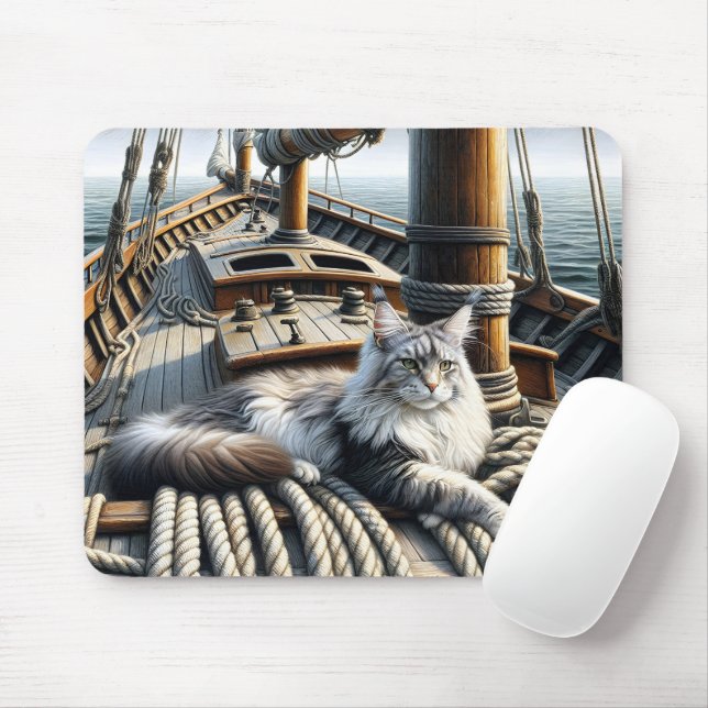 Alfombrilla De Ratón Maine Coon Cat en una cubierta de barco (Con ratón)