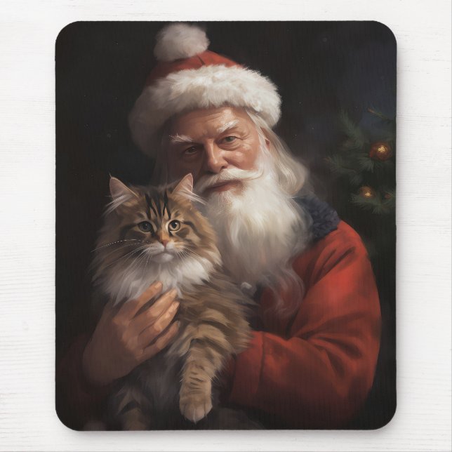 Alfombrilla De Ratón Maine Coon Con Los Navidades Festividades De Santa (Frente)