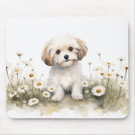 Alfombrilla De Ratón Maltés De Acuarela En Daisies