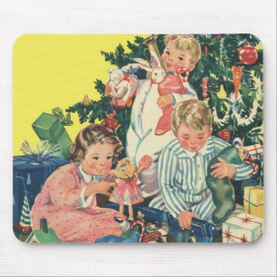 Alfombrilla De Ratón Mañana de Navidad vintage, niños abriendo regalos