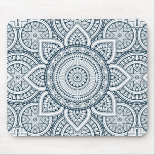 Alfombrilla De Ratón Mandala floral blanca azul geométrica