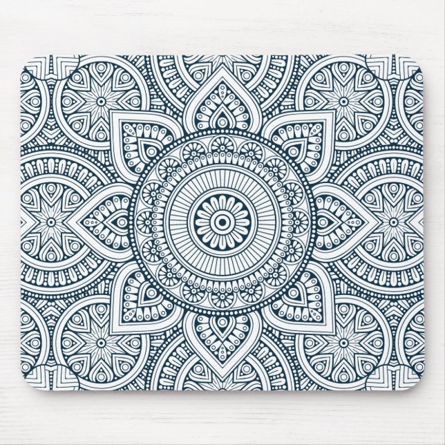 Alfombrilla De Ratón Mandala floral blanca azul geométrica (Frente)