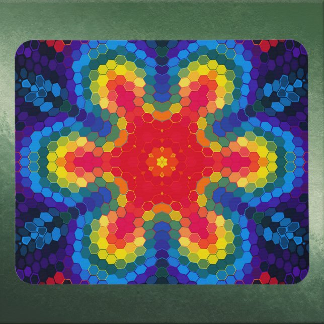 Alfombrilla De Ratón Mandalá Hexagonal Rojo Amarillo y Azul (Red Yellow and Blue Hexagon Mandala Mouse Pad by Wormhole Orbital)