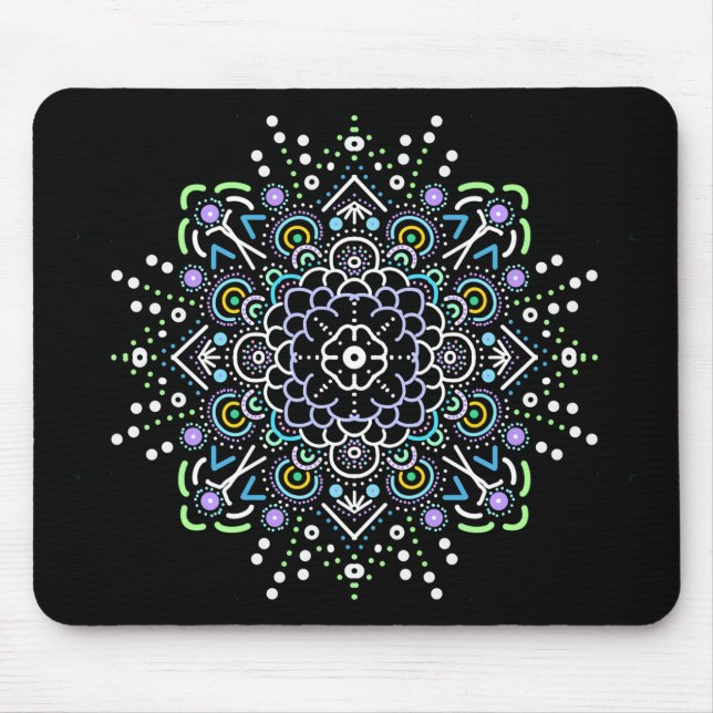 Alfombrilla De Ratón Mandala negra, púrpura, verde y azul (Frente)