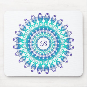 Alfombrilla De Ratón Mandala verde azulada étnica. monograma