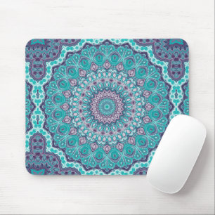 Alfombrilla De Ratón Mandalas en Acuarela en Verde Acuático y Púrpura