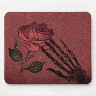 Alfombrilla De Ratón Mano de esqueleto gótico y rosa de Burdeos