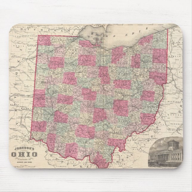 Alfombrilla De Ratón Mapa Antiguo de Ohio (1864) (Frente)