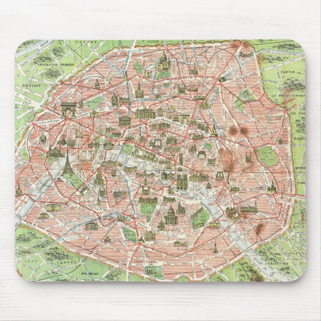 Alfombrilla De Ratón Mapa Antiguo de París (1920) (Frente)