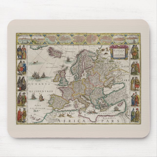 Alfombrilla De Ratón Mapa de Europa medieval (por Willem Blaeu) (Frente)