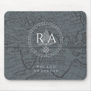 Alfombrilla De Ratón Mapa Monograma de Cuerda Náutica Gris
